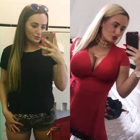 18 years old me and 23 years old me. What do you guys think of my Bimbofication progress? 😇