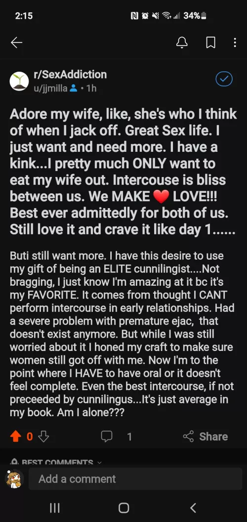 [39 M] I am a God of eating pussy....my wife won't let me share my gift...ideas?