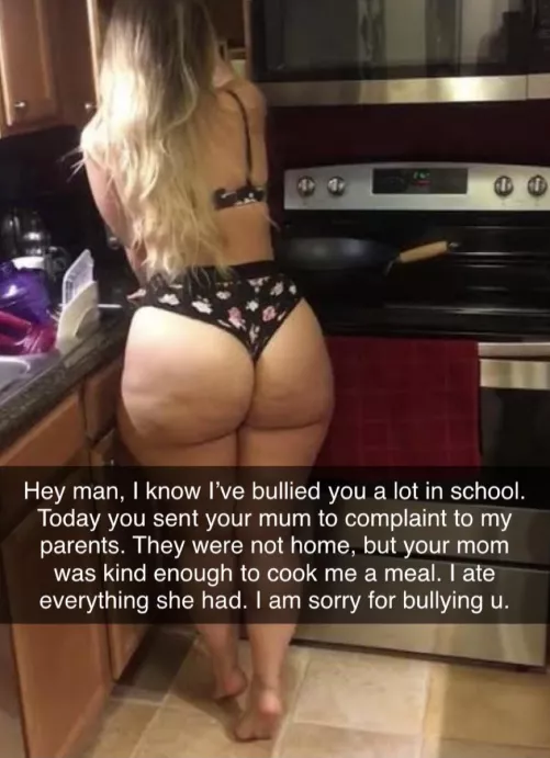 A big kid at my school used to bully me a lot. One day I came crying at home and told everything to my mother. She said she’ll go to his house, tell his parents and fix it. Today my bully sent me this Snapchat. My mother is such a kind lady, she change