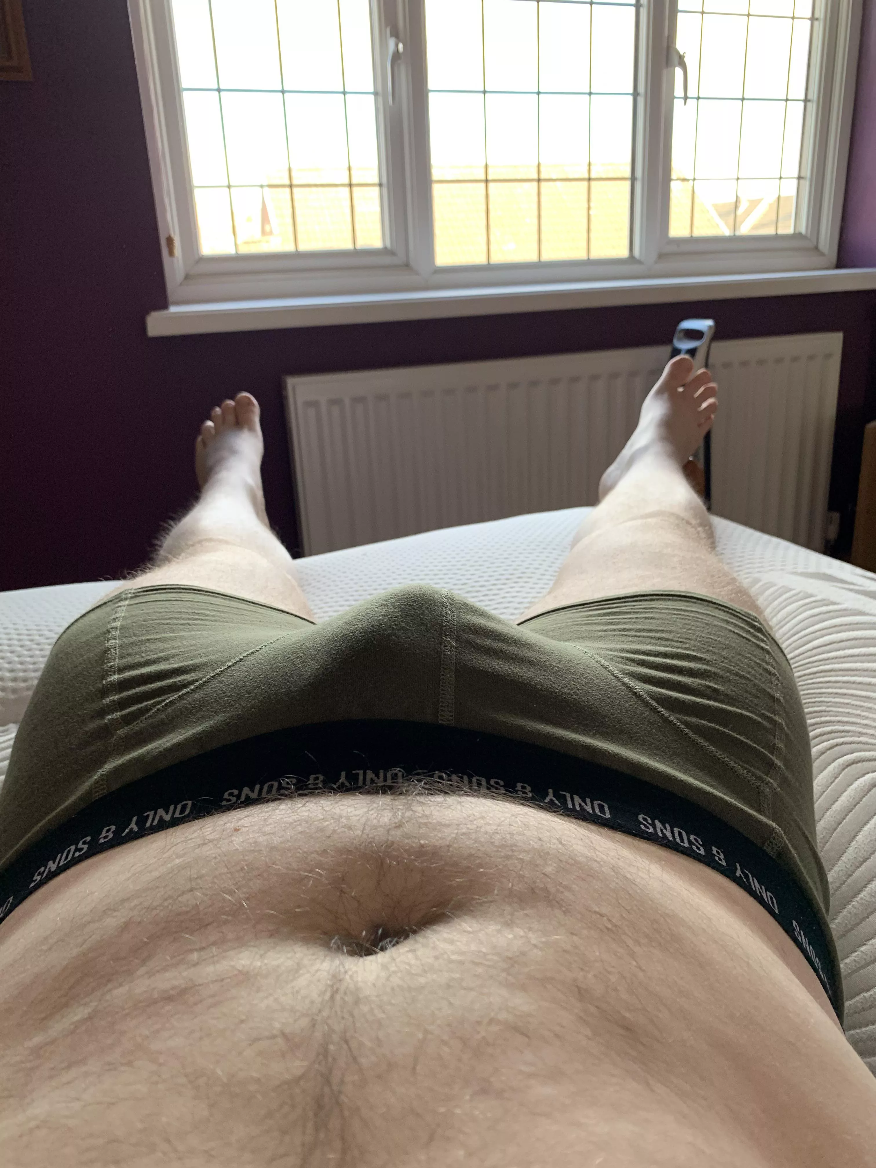 A soft bulge. I was stripping down to shower and thought the sun looked nice and I’d give you all a gentler peek than usual. As always DMs open