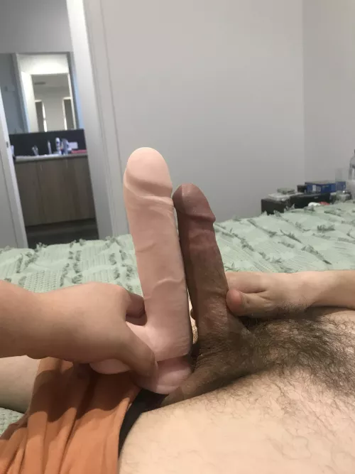 Accidentally bought this huge dildo, love putting it up against his cock