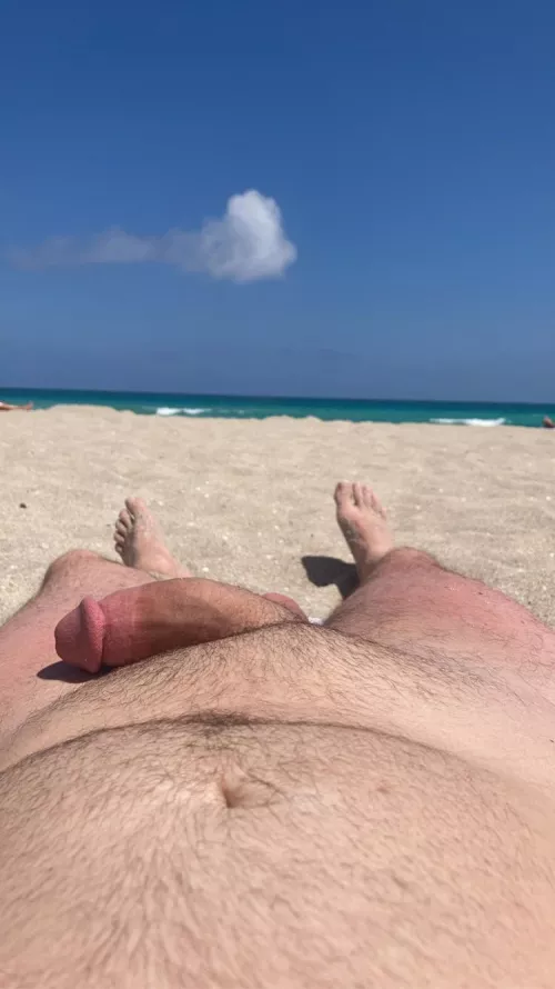 Almost hard on the nude beach.