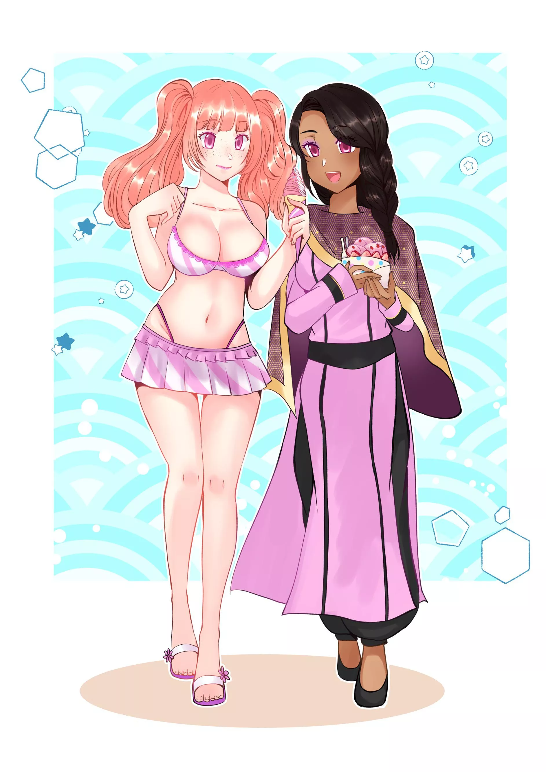 An art gift for a friend I recently commissioned, I picked their favorite pair eating strawberry ice cream ? (drawn by michael_yomiko on Twitter)