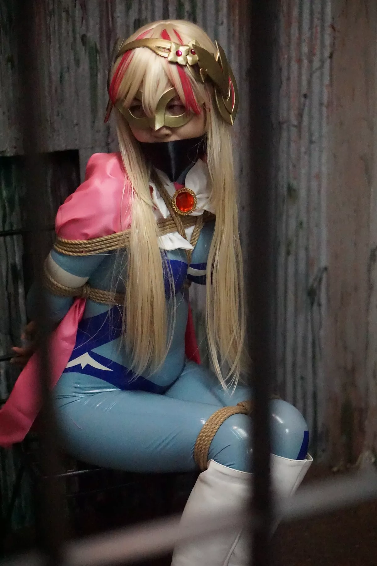 Asian Superhero - Latex suit, Tied in Dungeon