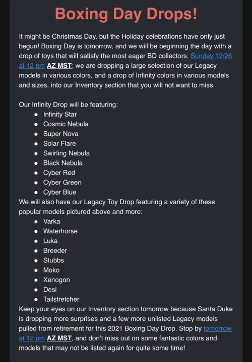 BD Legacy Toy Drop for Boxing Day!