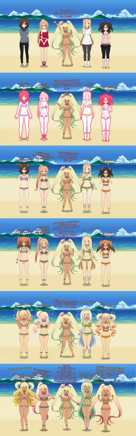 Beach Bimbos (MTF/FTF, Human -> Bimbo, Hypnosis/Mind Alteration, Kisekae)