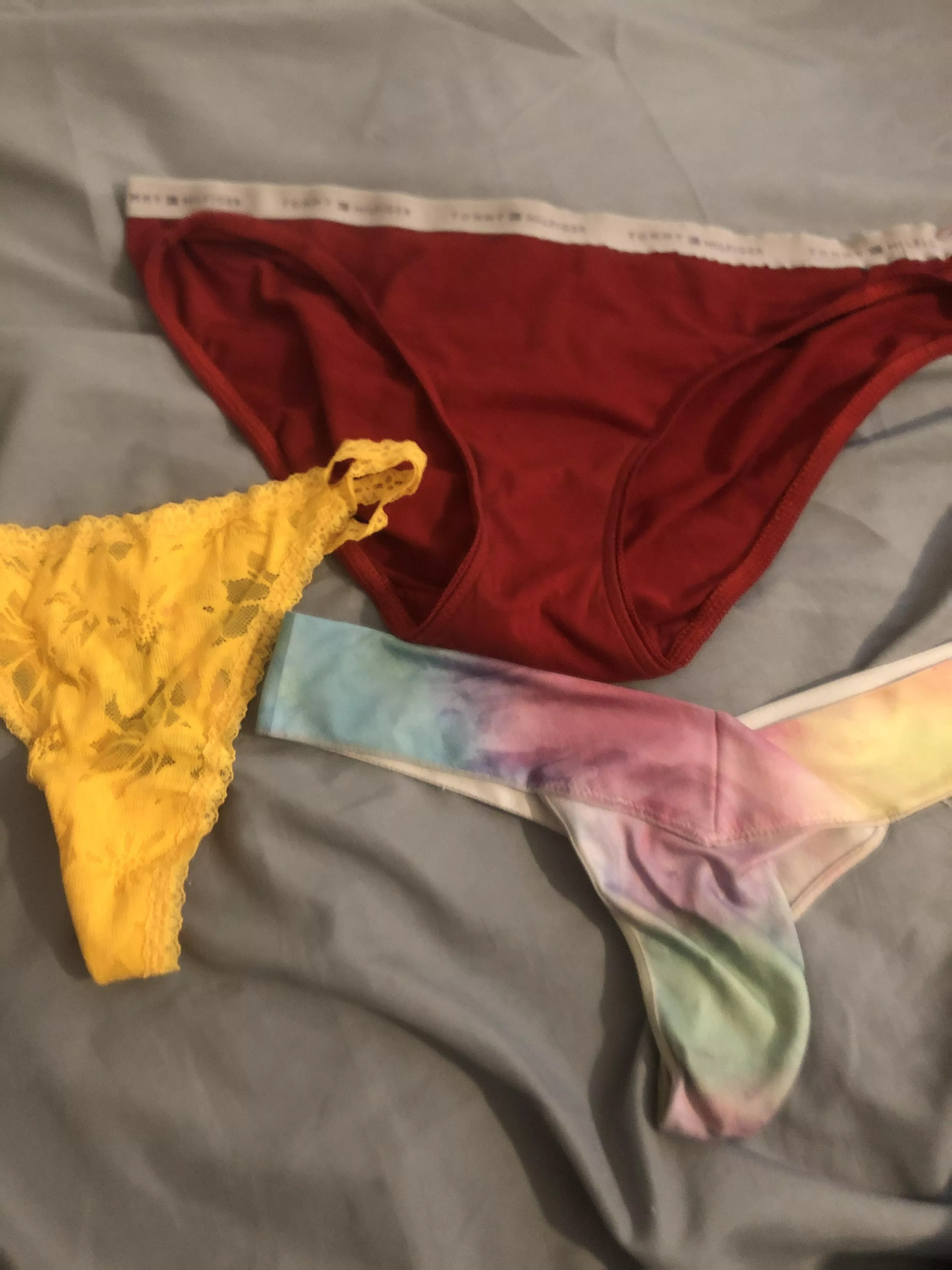 Been a while which one would I cum on? Yellow thong (cousins) red panties (sisters) rainbow thong (stole it from a girls bathroom while at a party)