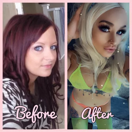 Before and after! Also getting my boobies a lot bigger soon πππ just want to be some bimbo slut and please everyone xxxx
