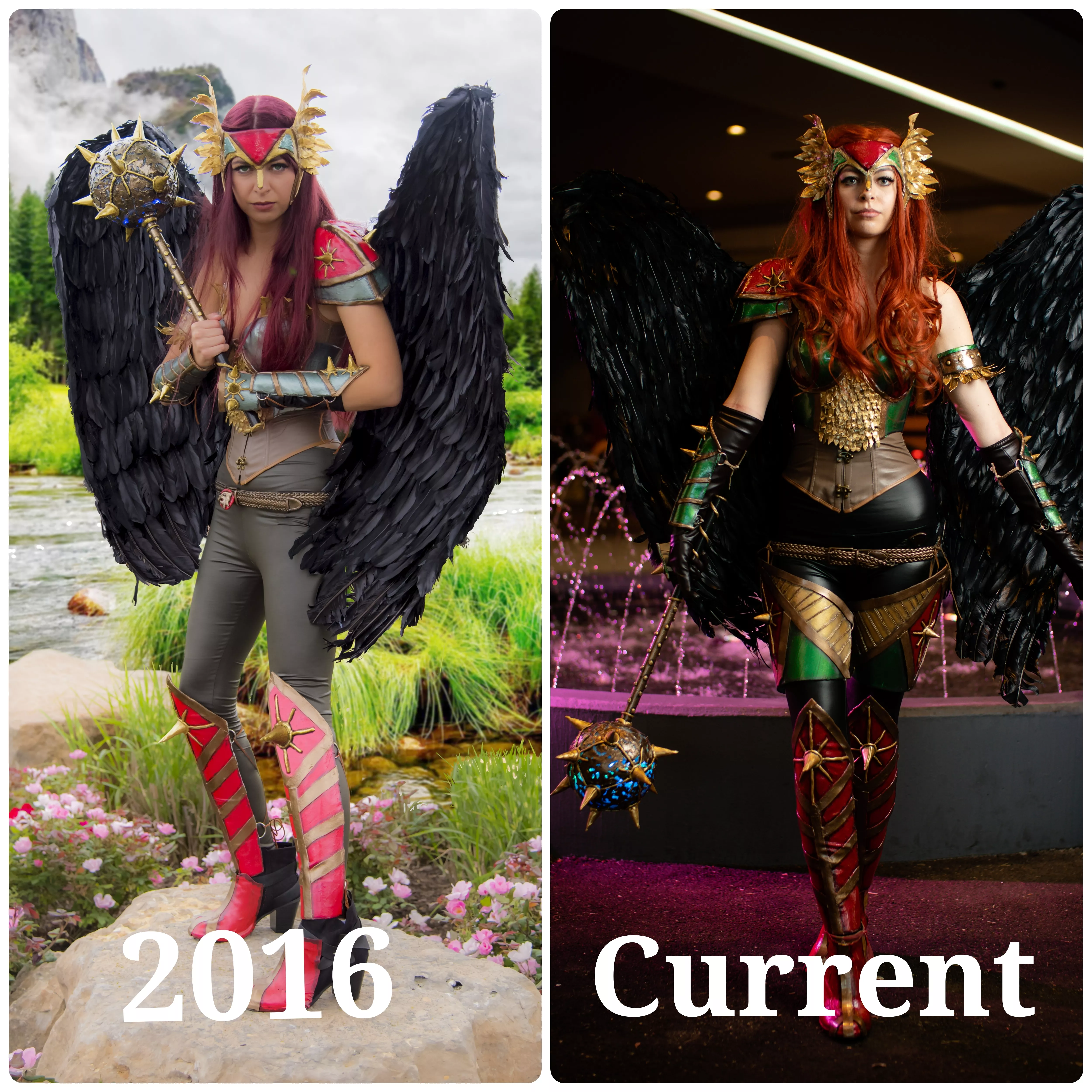 Before and after the upgrades of Hawkgirl by Casabellacosplay