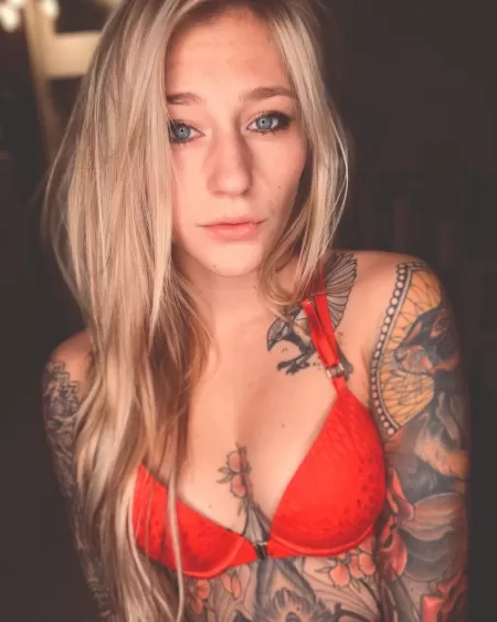 blonde, blue eyes, red bra