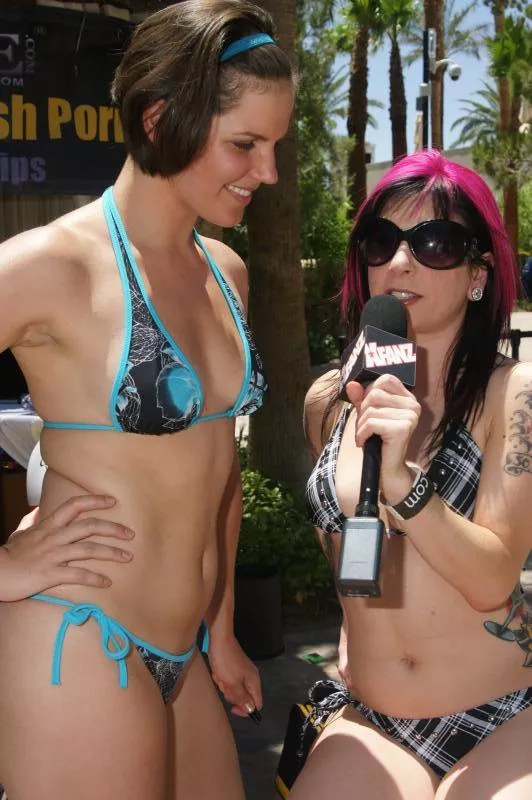 Bobbi in a blue bikini interviewed by Joanna Angel. Bobbi in a blue bikini interviewed by Joanna Angel.