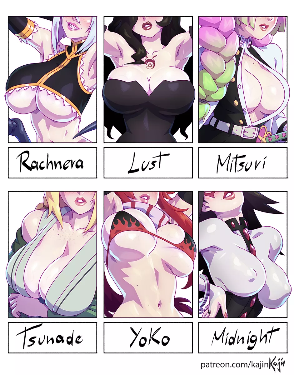 Boobs, Girls: Racherna, Lust, Mitsuri, Tsunade, Yoko, Midnight. (kajinman) [Fullmetal Alchemist, Daily Life With A Monster Girl, Demon Slayer, Naruto, Tengen Toppa Gurren Lagann, My Hero Academia]
