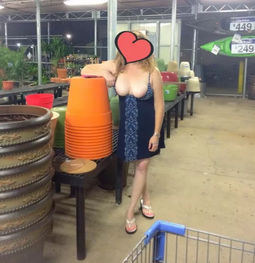 Boobs out in the garden at Walmart!