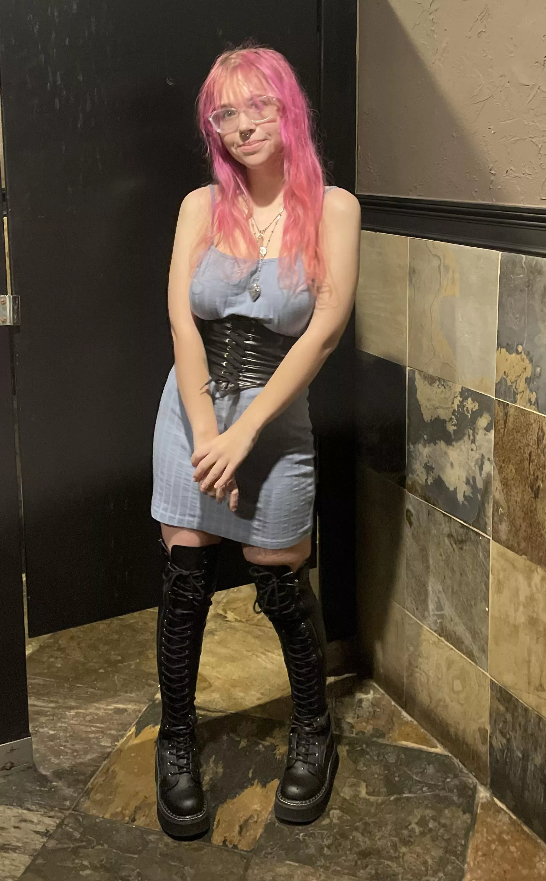 braless in my corset and boots