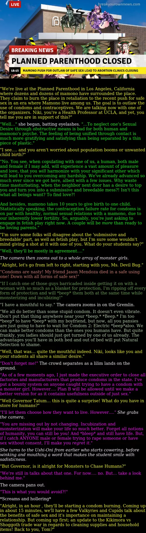 Breaking News! Monster Girls Push for Raw Sex and cause Abortion Clinics to Close [MGE] [Monster Girls] [OC Story] [Females] [News] [Protest] [Desire to Breed]