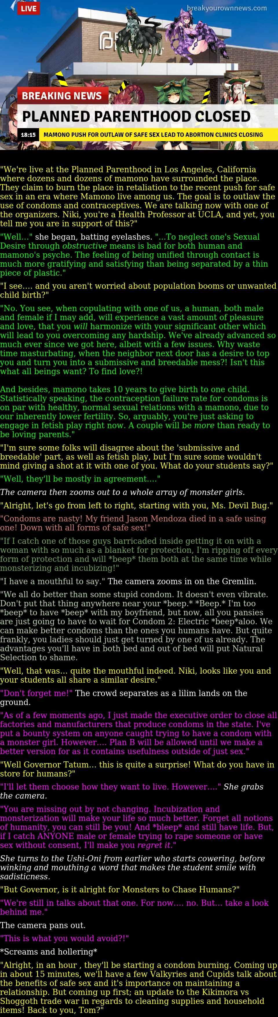 Breaking News! Monster Girls Push for Raw Sex and cause Abortion Clinics to Close [MGE] [Monster Girls] [OC Story] [Females] [News] [Protest] [Desire to Breed]