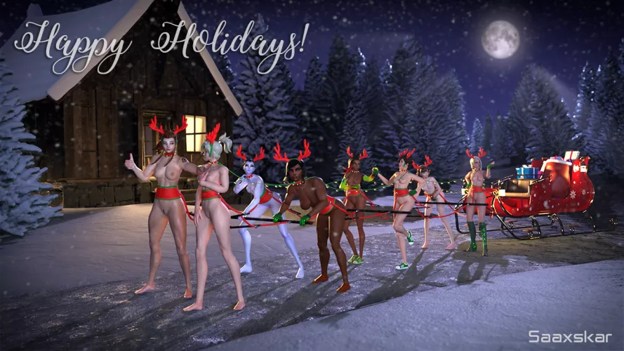 Brigitte, Tracer, Widowmaker, Pharah, Tracer, Sombra, Ashe, and DVa all helping to deliver presents in the cold (Saaxskar)
