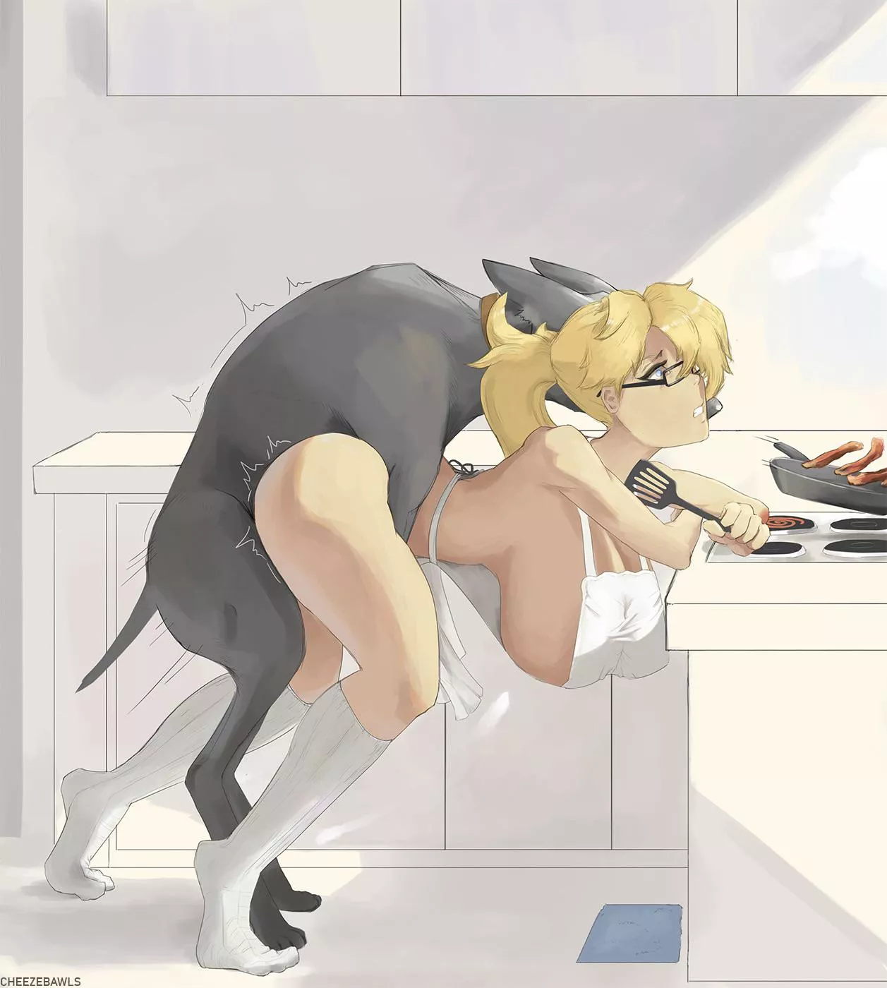 Busty blonde babe bent over the stove by her dog. Hope she doesn’t burn herself (cheezebawls)