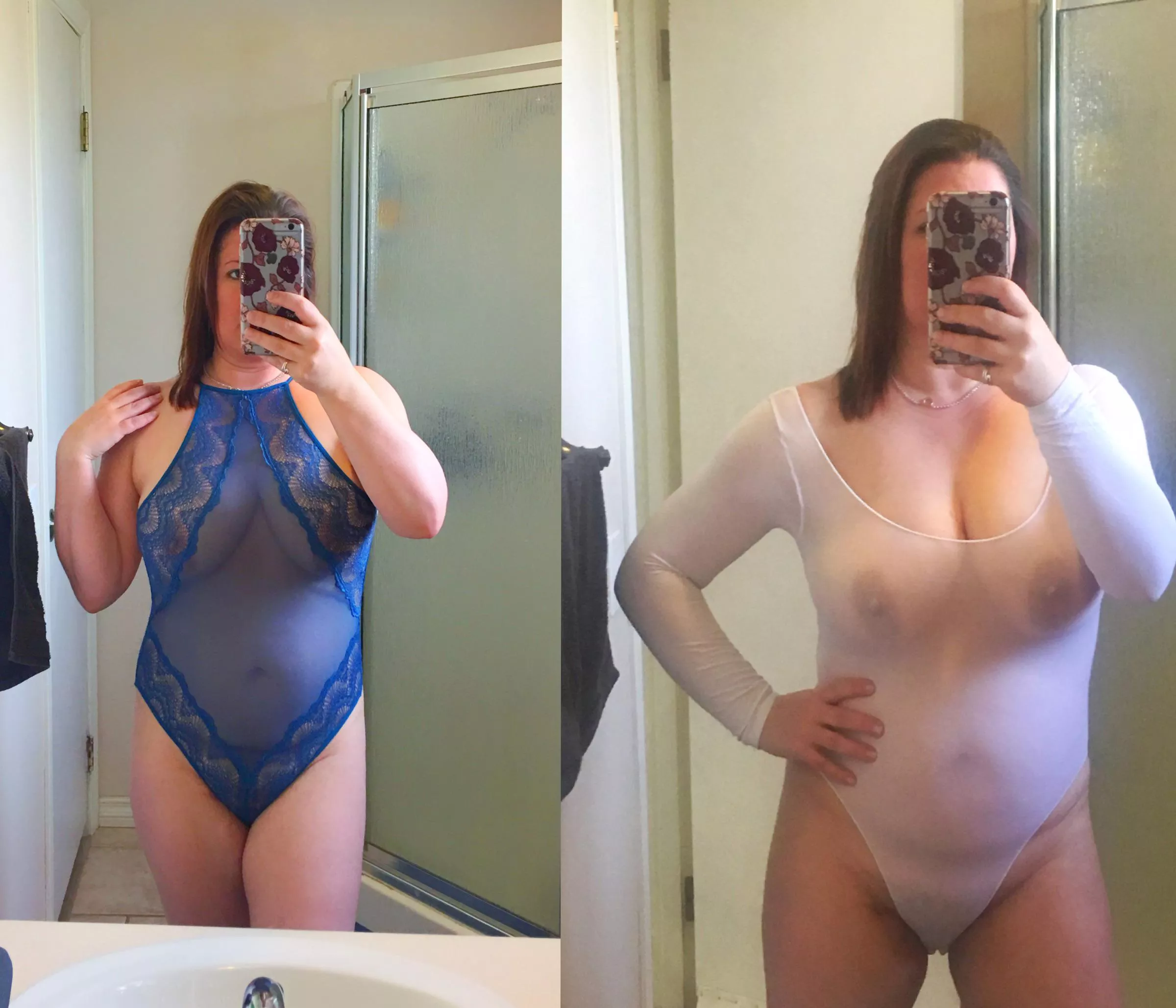 Can’t decide. Blue or white or perhaps wet look? [F] 44 y/o