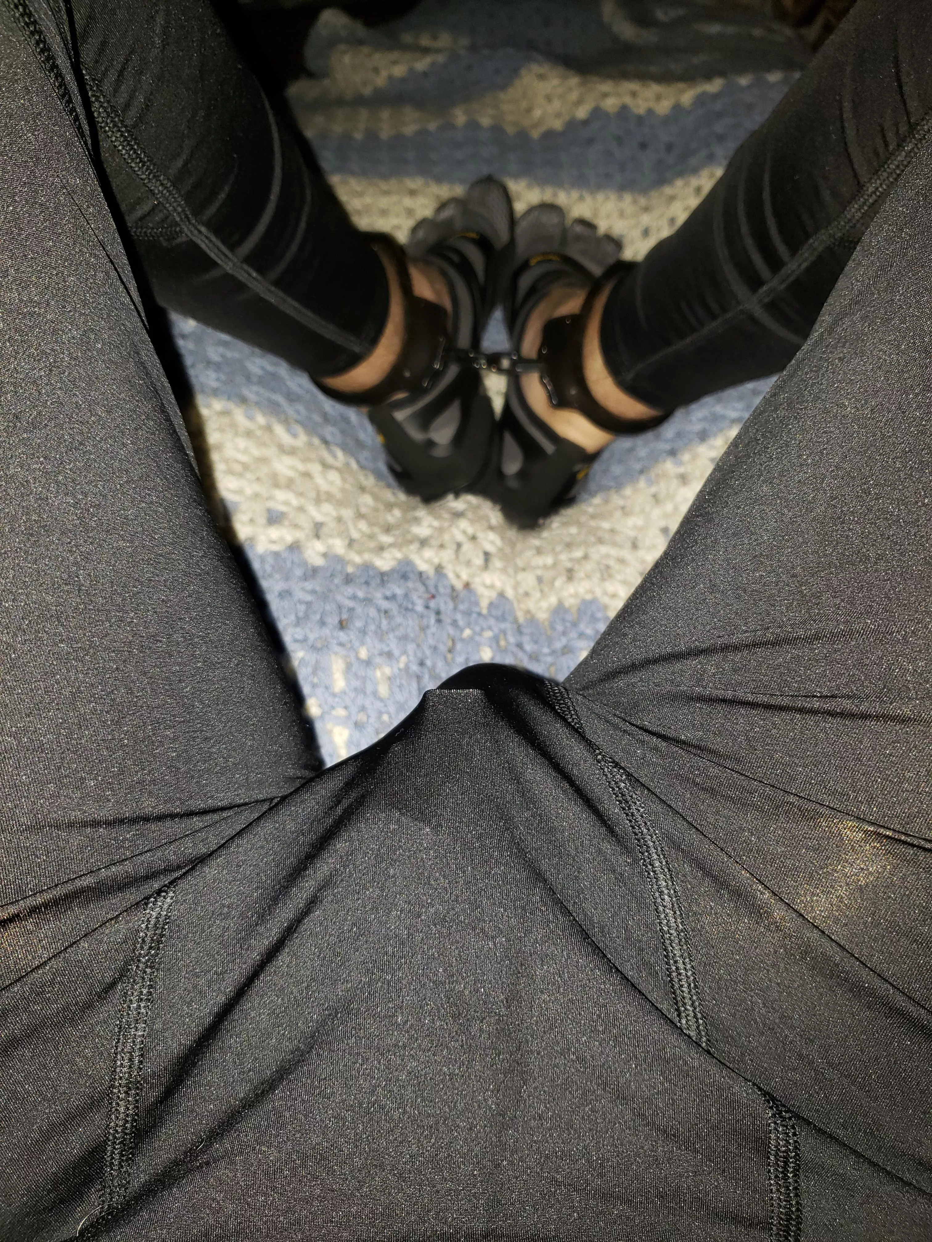 Chastity in leggings, plus Vibrams and cuffs. Ready to be a gym slave! Chastity in leggings, plus Vibrams and cuffs. Ready to be a gym slave!