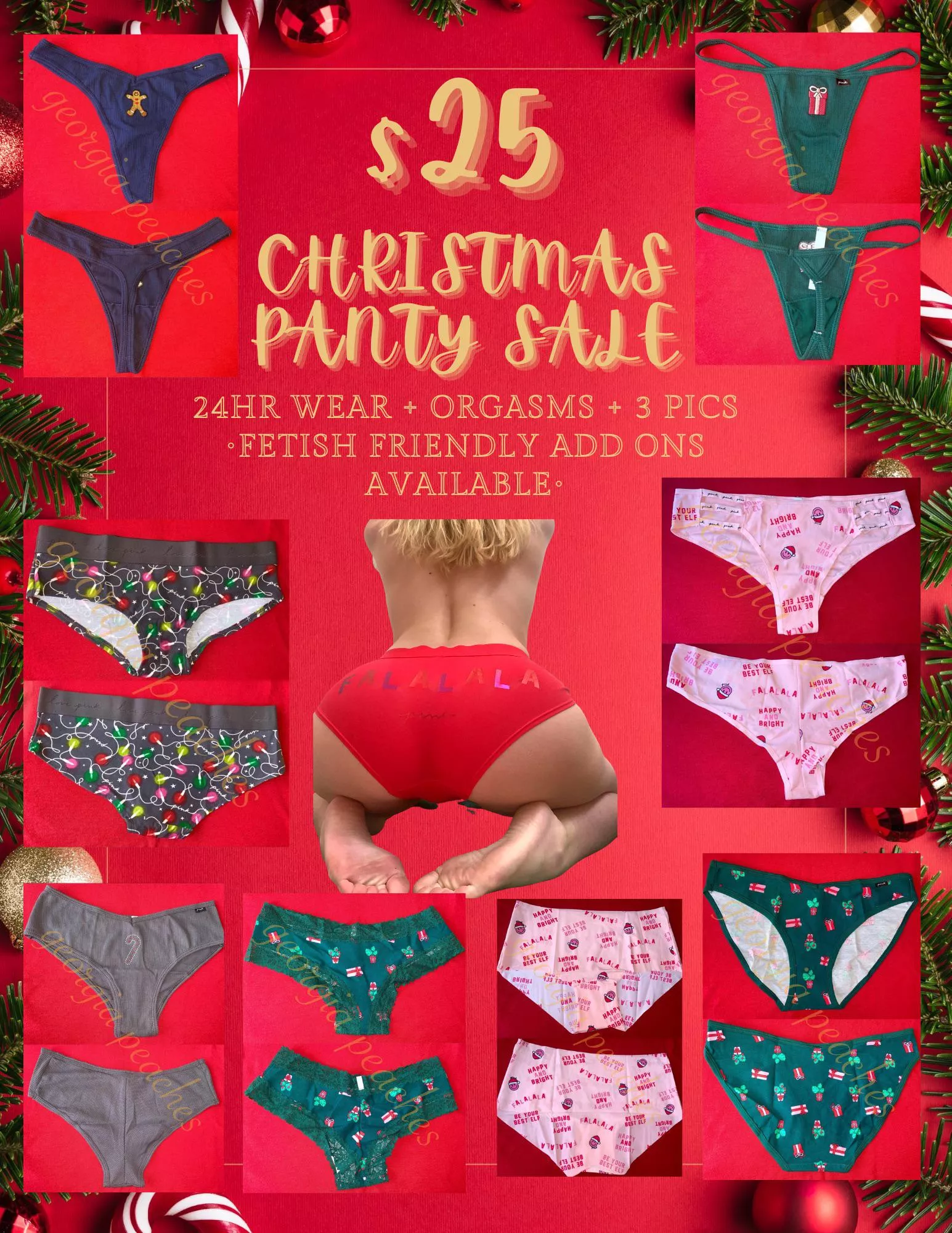 ❤️💚 CHRISTMAS PANTIES SALE 💚❤️ treat yourself to a pair of my delicious christmas panties for just $25 🎁 24hr wear + orgasms + 3 pics🎄fetish friendly add ons available✨ [PTY] [SELLING] [US] [SMALL] kik: georgiaa.peachess