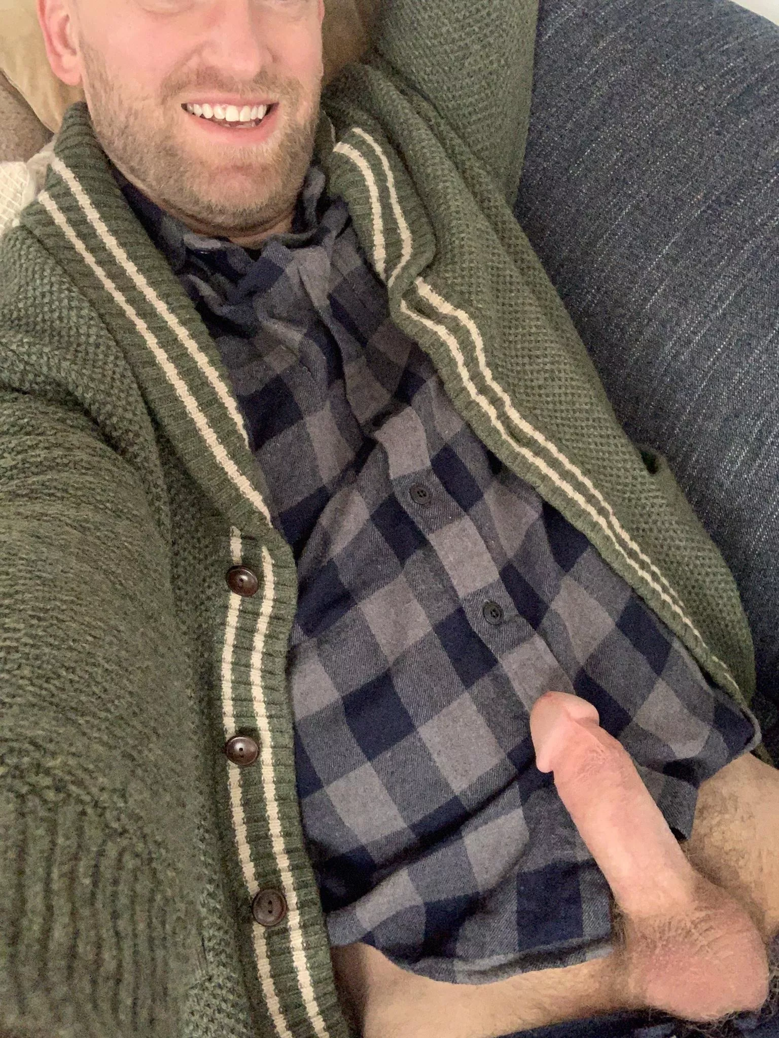 Coldest day of the year so I’m bundled up. Cardigan. Flannel. Just need a way to keep my dick warm.