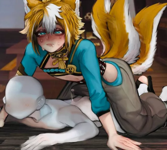Color: Genshinimpact, gorou, male x male, bulge, fox ears, blue eyes, fox tails, kitsune