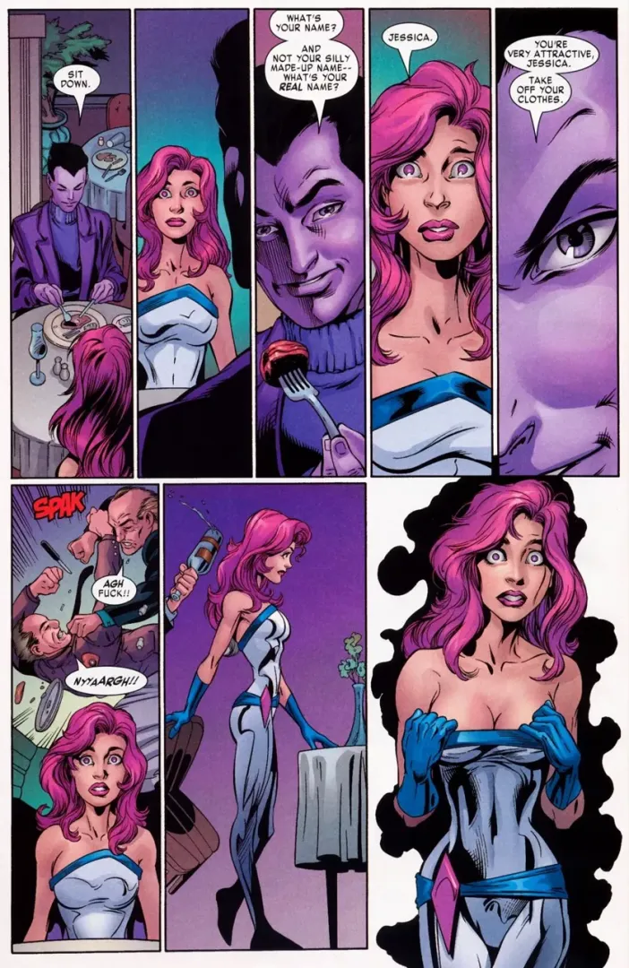 Comic Jessica Jones meeting Purple Man for the first time. (Marvel Comics)
