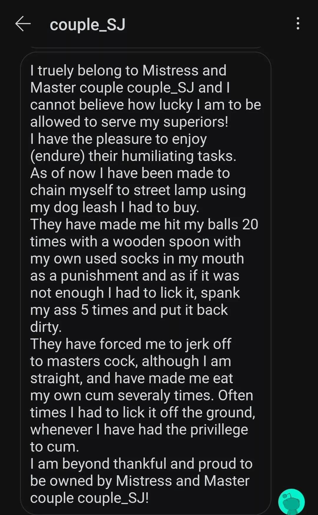 Confession: couple_SJ are a mindblowing Mistress and Master couple to who I (M21) have the privilege to belong to! Confession: couple_SJ are a mindblowing Mistress and Master couple to who I (M21) have the privilege to belong to!