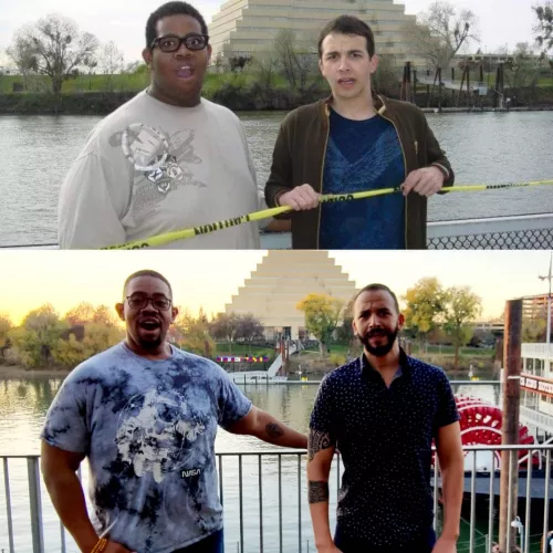 Couple of gay bros celebrating a 10 year glow up with a photo recreation! 😌👀🪄