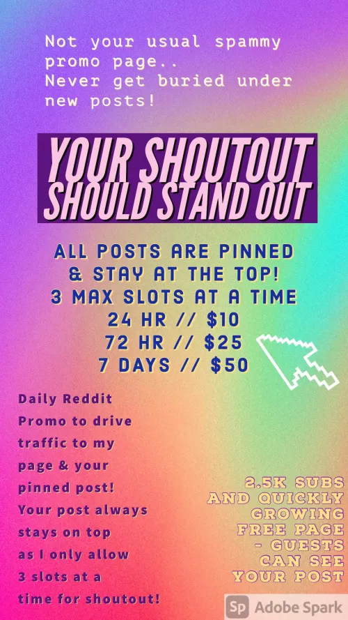Creators! 🧡 Looking to grow ⬆️ your OnlyFans? I offer paid Pinned 📌 Shoutouts on my personal page (spam free look!) of 2.5k subs & growing 50+ daily. ⬆️ Your post STAYS on TOP ⬆️ never gets lost under new posts! 😯 I Reddit promo