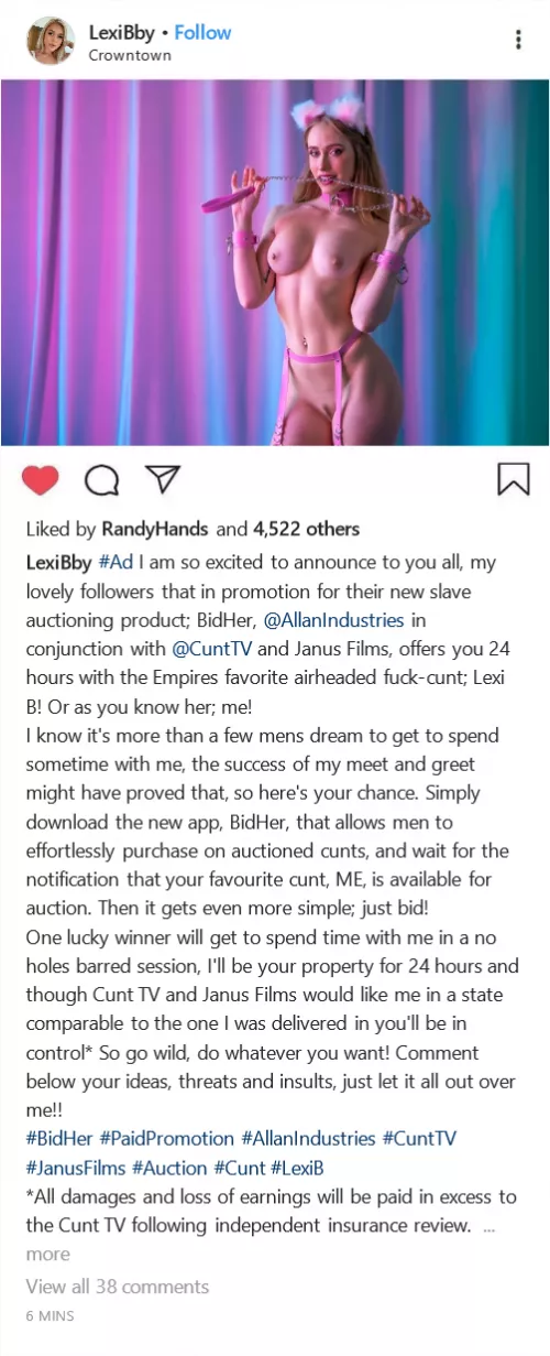(cuntagram) @LexiBby - So you want to fuck me? Now's your chance!! #BidHer #AllanIndustries
