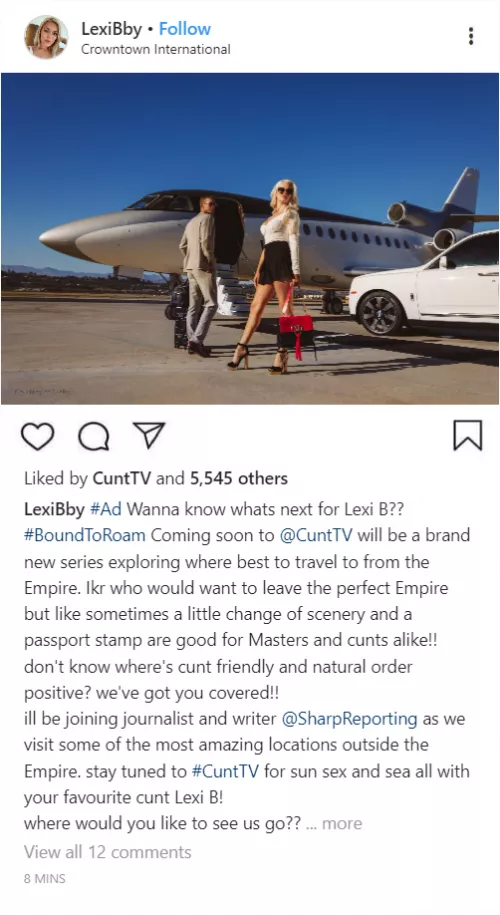 (Cuntagram) @LexiBby - where would you like to see me and @SharpReporting travel to???