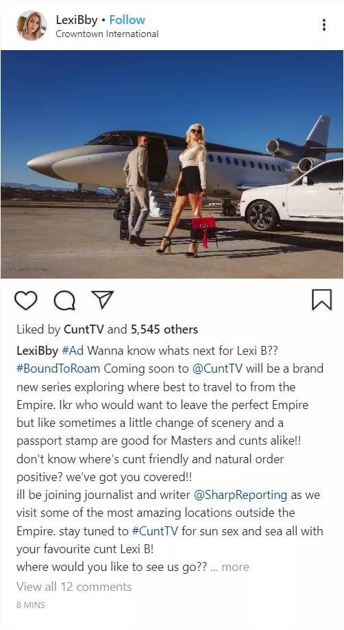 (Cuntagram) @LexiBby - where would you like to see me and @SharpReporting travel to???