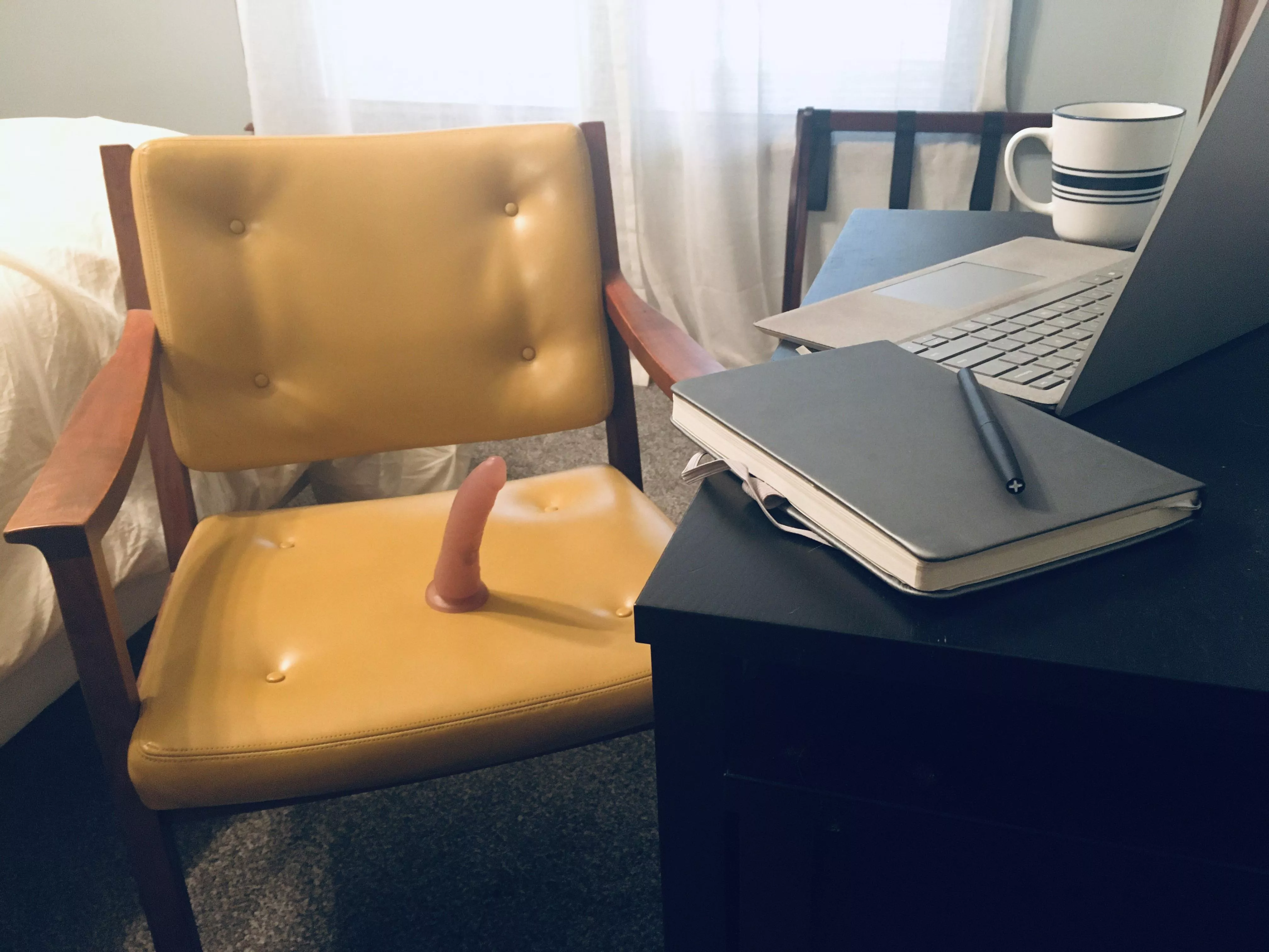 Daddy gets to play with me later & is surprising me with tasks to do today to keep me on edge. I’m taking my meetings while sitting on this. 1st one was just the phone, next 2 are video calls. Can I keep a straight face? 🤤😈