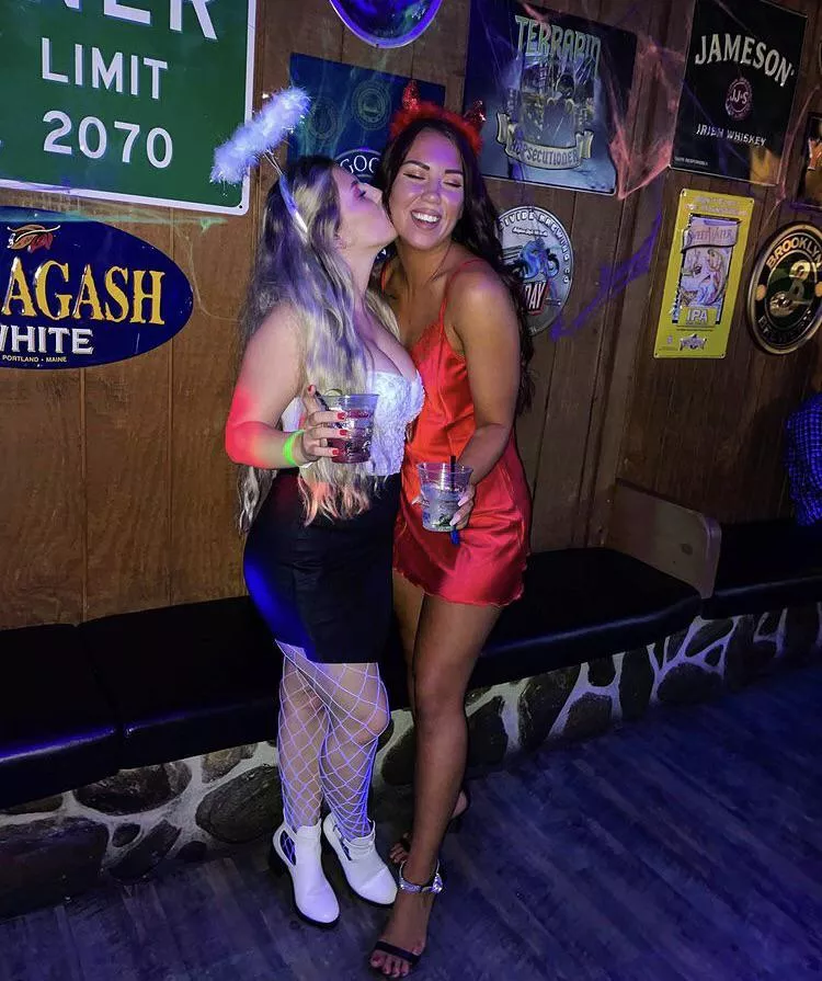 Devil hiding behind the big tit Angel