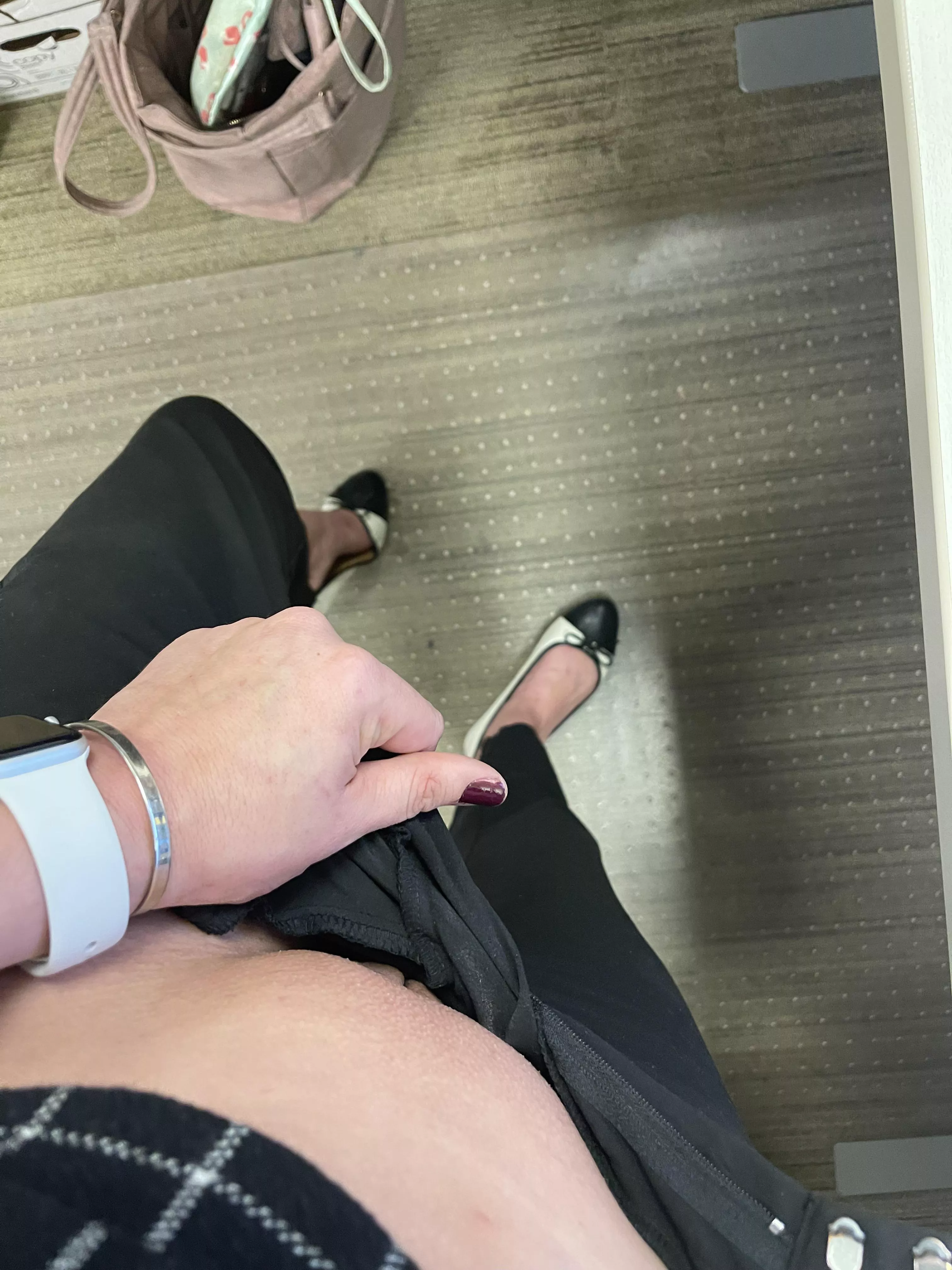 Didn’t have time to find panties this morning. Standing at my office desk.