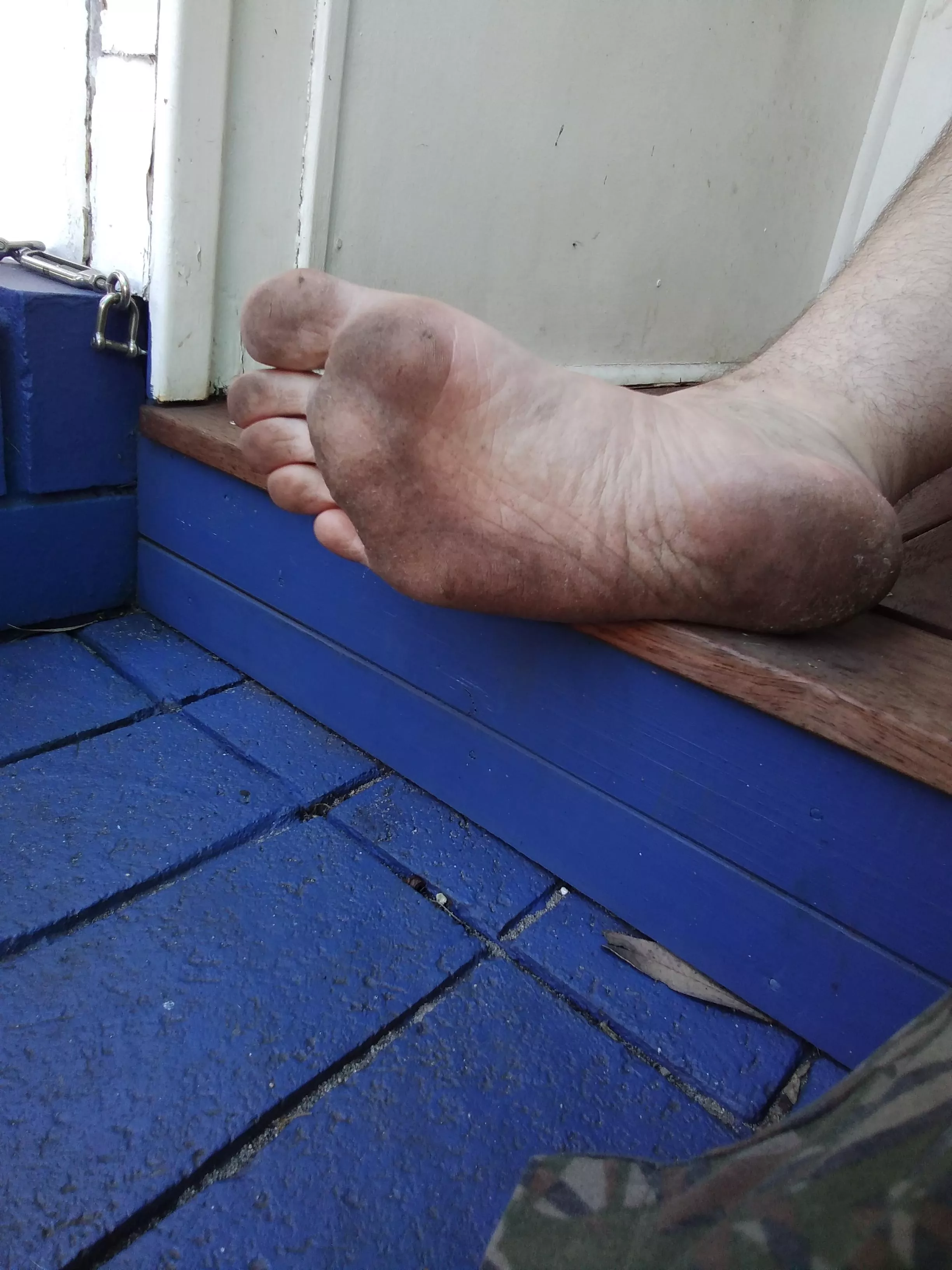 Dirty feet from walking around the yard all morning.