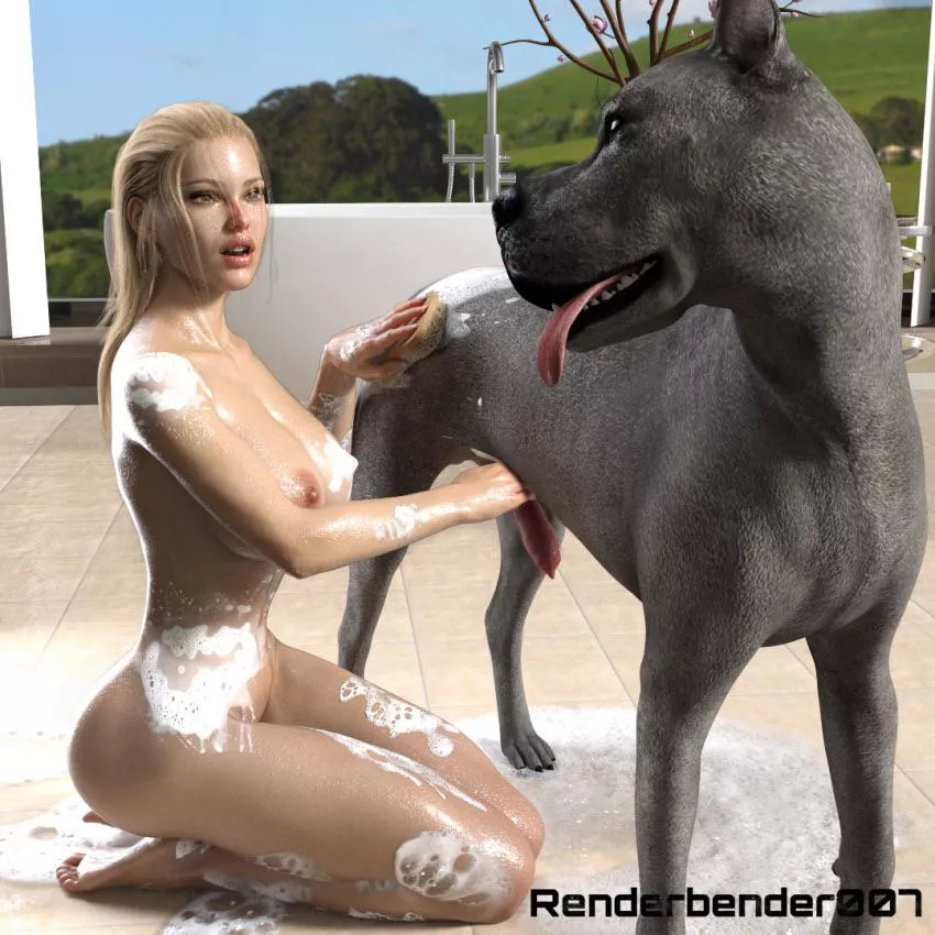 Discovering just how much her dog loves a nice soapy bath... rendering by (renderbender007) Discovering just how much her dog loves a nice soapy bath... rendering by (renderbender007)