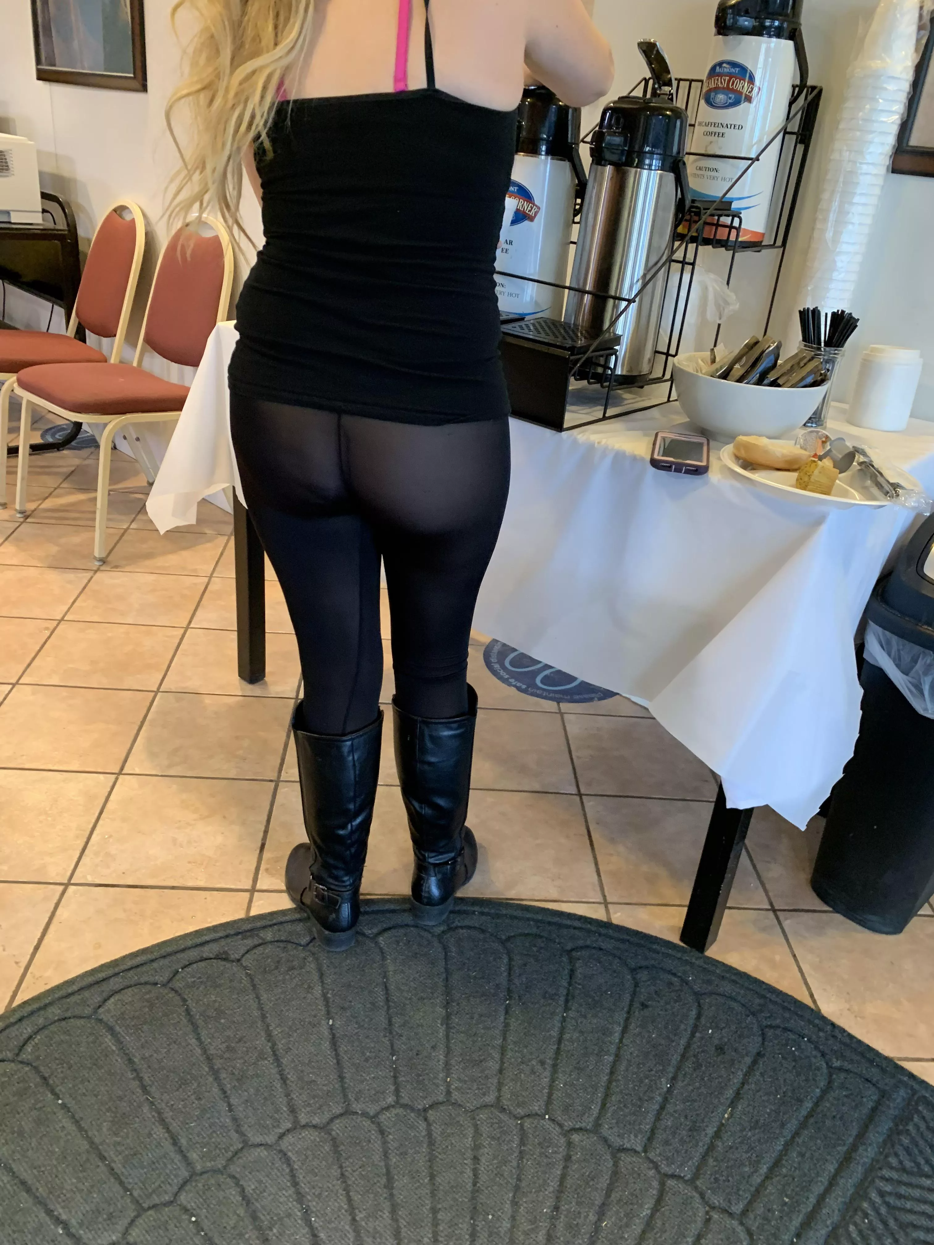 Everyone at the hotel breakfast got to see all of me today, what they didn’t see is that I’m full of cum.