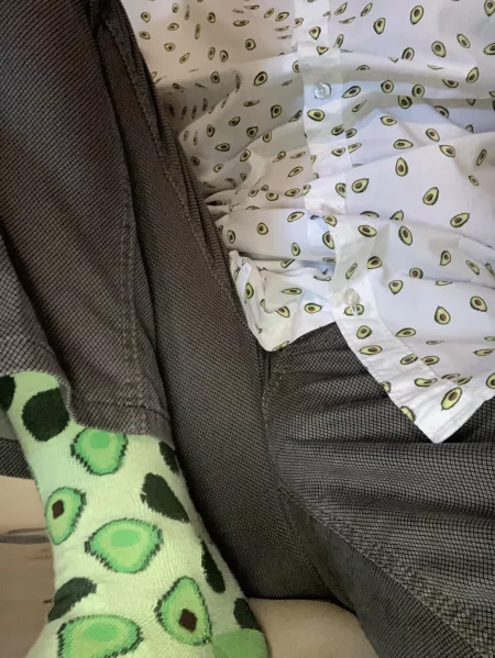 Eyes on the shirt and socks. Are they coordinated? Eyes on the shirt and socks. Are they coordinated?