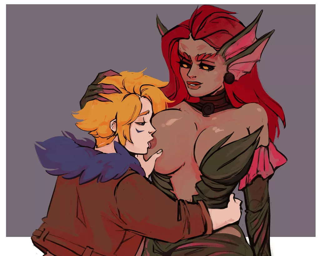 Ezreal sucking a plant milk, Zyra (Kasejia)