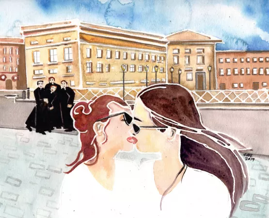 @Femmetomorrow on twitter made a painting of me kissing Mistress Iris in rome! hehehe