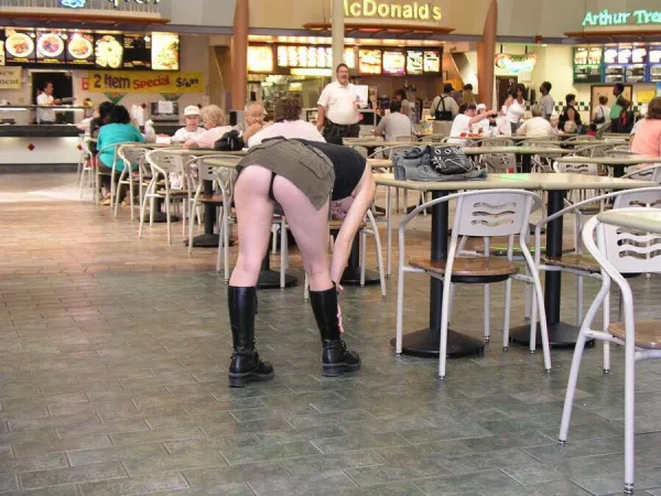 Flashing her ass in a crowded mall food court Flashing her ass in a crowded mall food court
