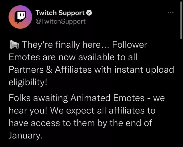 Follower emotes available for Affiliates and Partners