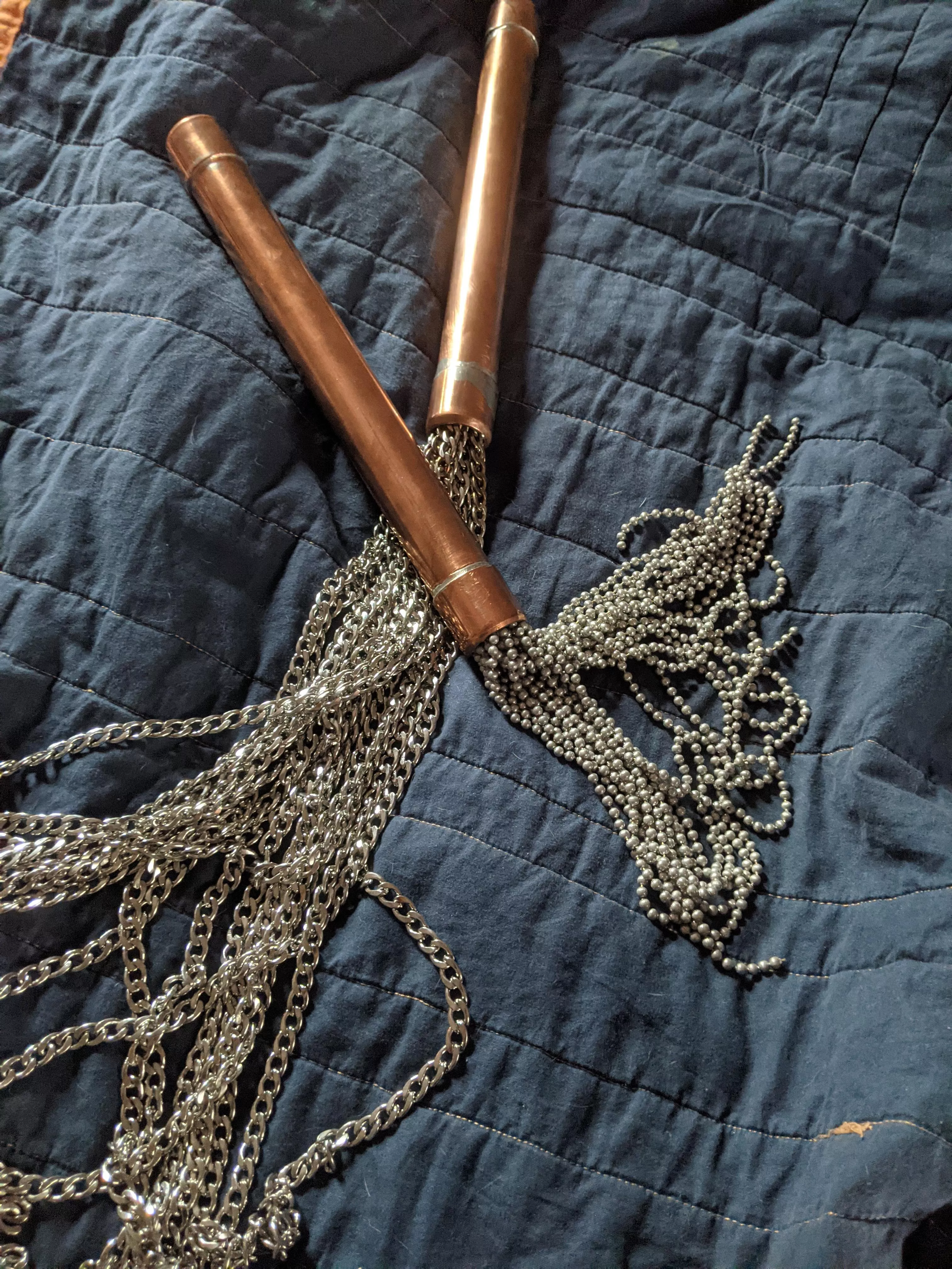 For Christmas my fiance made me (us) some lovely, heavy, conductive floggers. Fully appreciate his dedication to beating my ass.