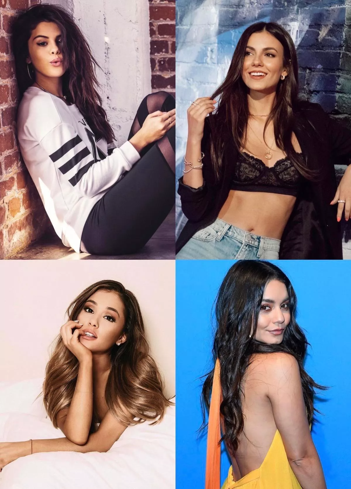 Four of my fave girls Selena Gomez Vanessa Hudgens Victoria Justice & Ariana Grande have me stroking hard today Four of my fave girls Selena Gomez Vanessa Hudgens Victoria Justice & Ariana Grande have me stroking hard today