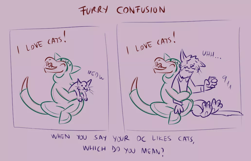 Furry confusion 🐈💜; I've seen some furry OC sheets say they like cats and I wonder... what they meant 0.0
