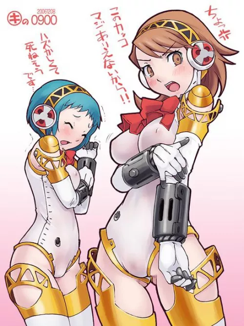 Fuuka and Yukari dress up as Aigis