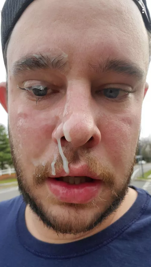 Gay cumslut (snap fishingchamp90) walks down the street wearing a guy's cum on his face! Who here would do the same?